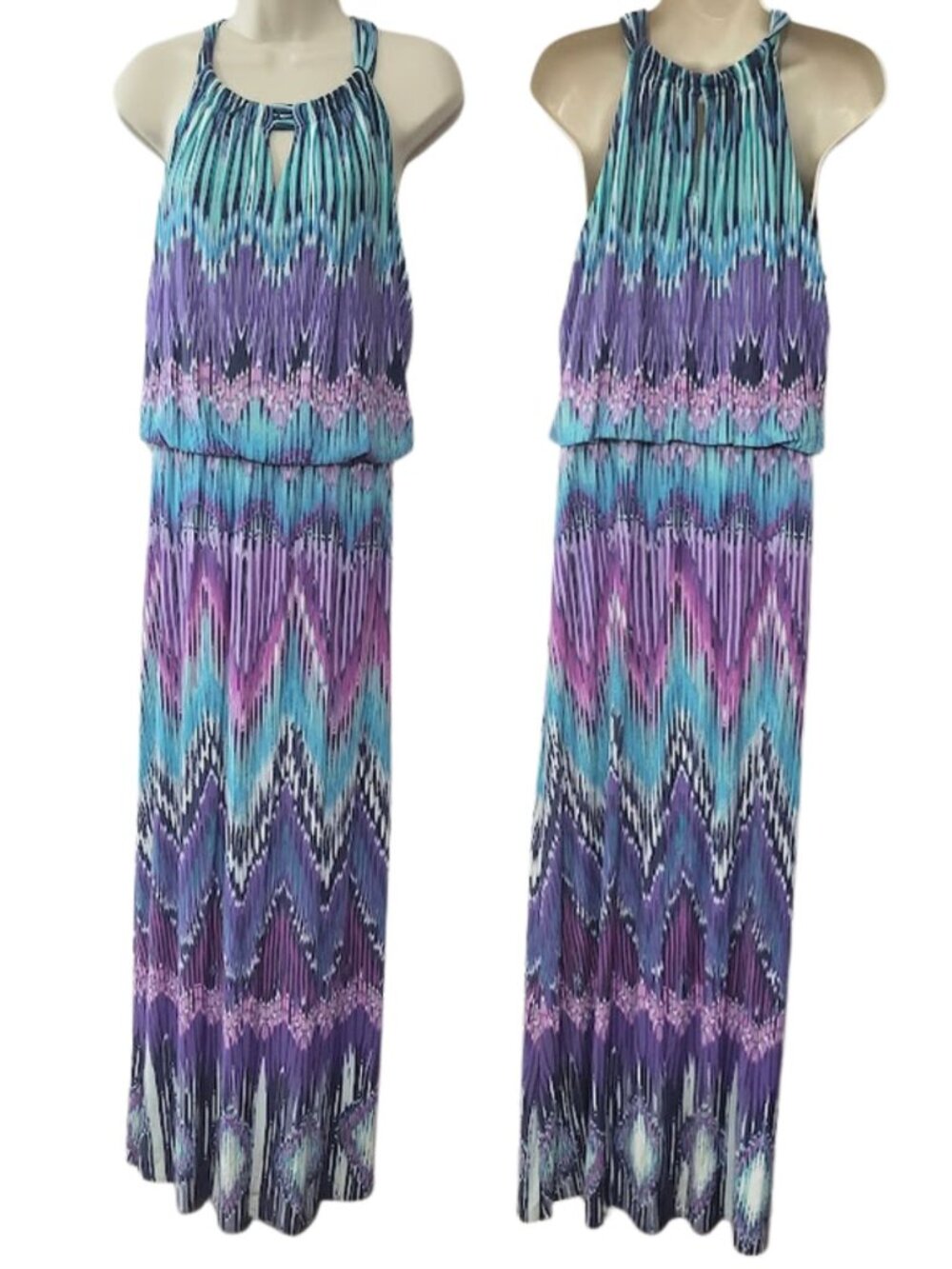 CHICO's Purple Teal & White Abstract Ikat Halter Maxi Dress - Women's M (8-10)